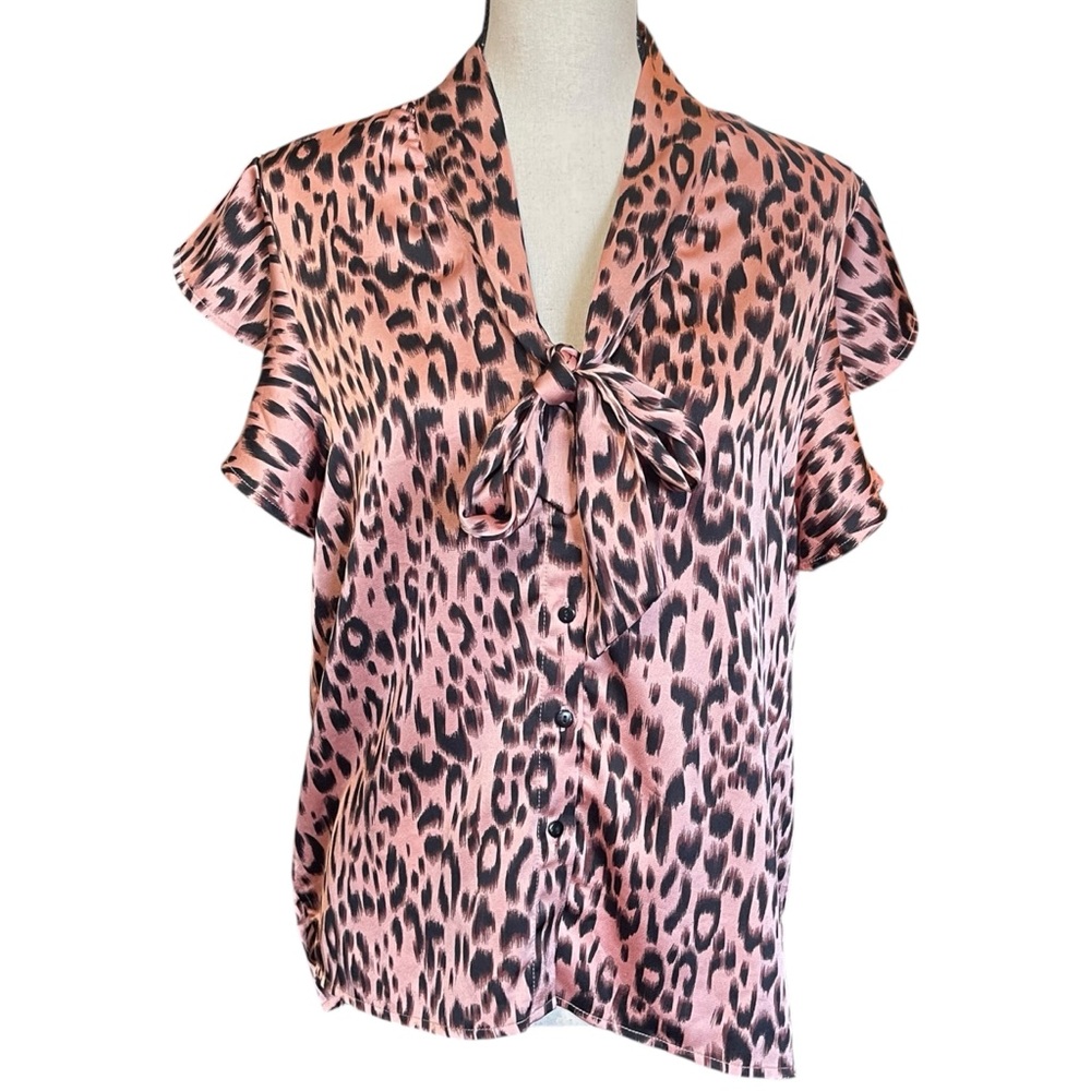 Anthropologie Bishop + Young Pink Leopard Print Bow Ruffle‎ Girly Chic Blouse M